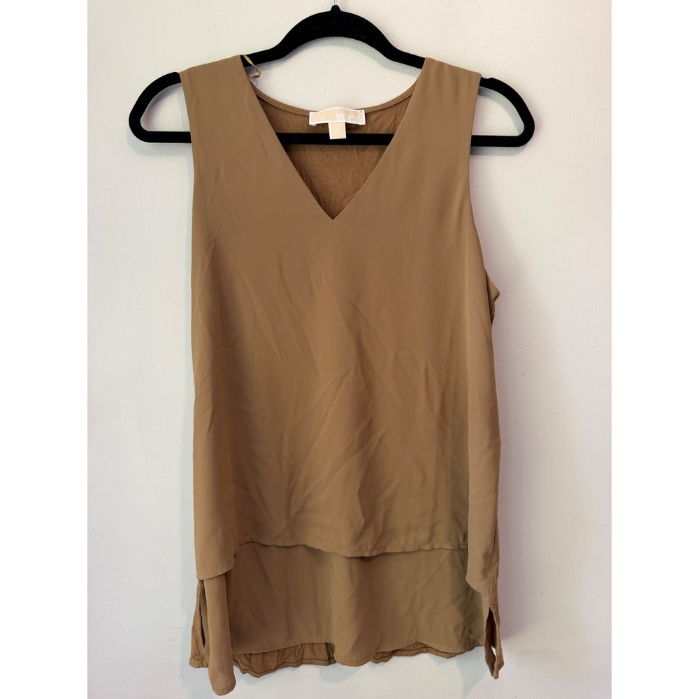 Michael Kors Womens Brown V-Neck Mixed Media Sleeveless Layered Blouse Size M